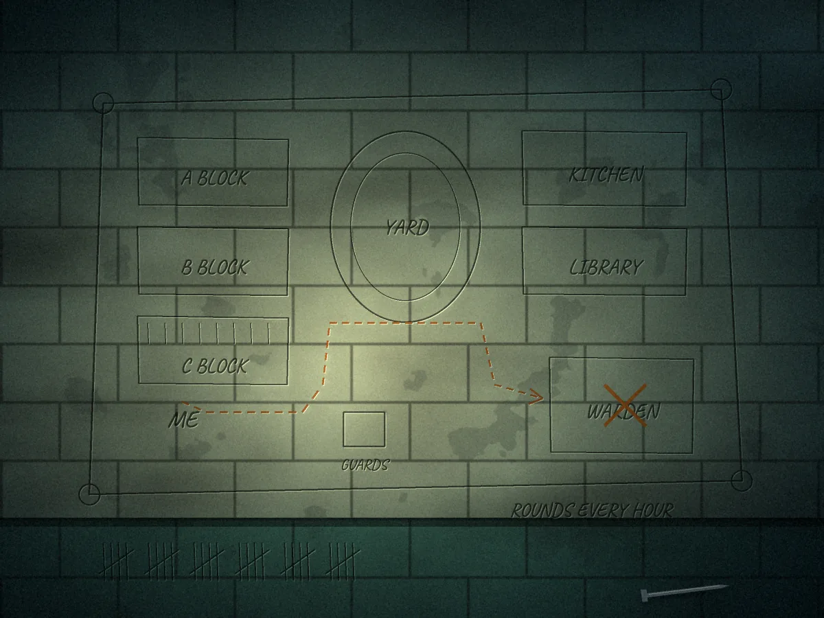 Convicted concept art: a map of the prison scratched into a cell wall, marking A, B and C blocks, the yard, kitchen, library and guard post, with an orange dashed route from “ME” in C block to a cross on the Warden’s office