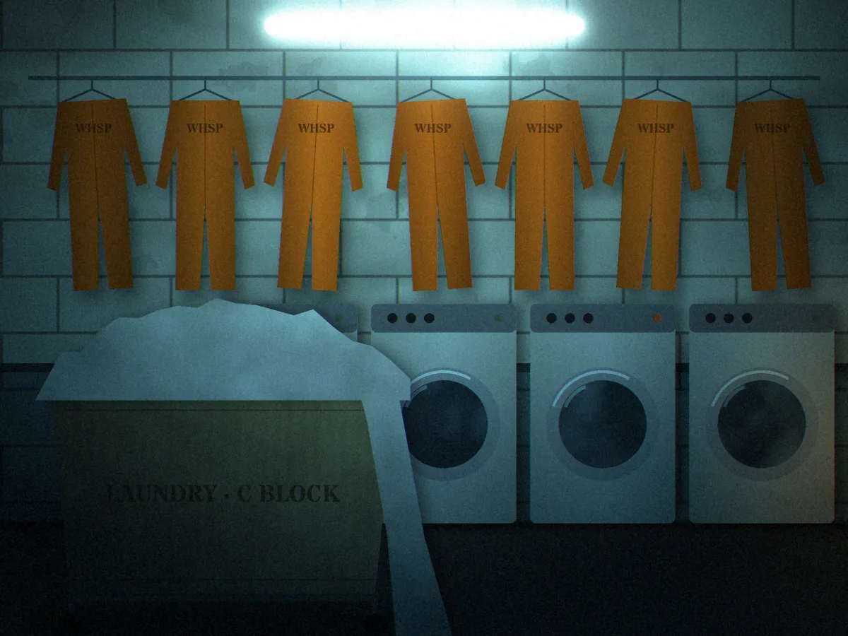 Convicted concept art: the prison laundry under a single fluorescent tube, with orange uniforms hanging on a rail above a row of front-loading washing machines and a canvas laundry cart heaped with sheets