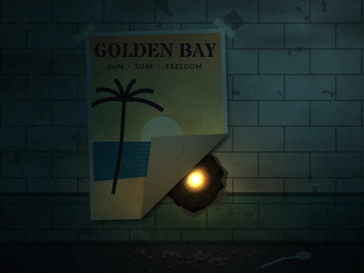 Convicted concept art: a faded Golden Bay travel poster taped to a cell wall, its bottom corner peeled back to reveal a ragged hole with torchlight glowing deep inside, and rubble and a bent spoon on the floor