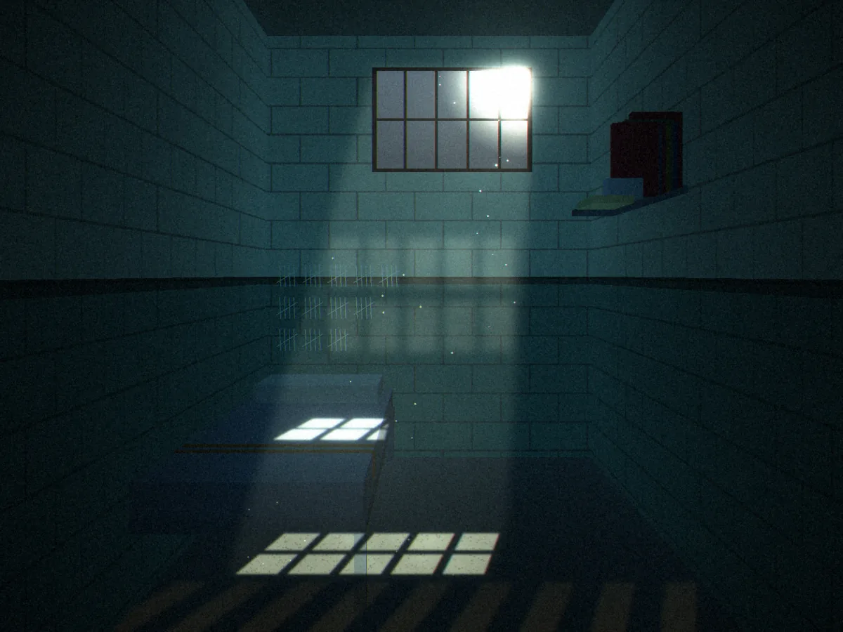 Convicted concept art: a searchlight beam pouring through a barred cell window at night and laying a grid of light across the floor beside a bunk, with law books on a wall shelf and tally marks scratched above the bed