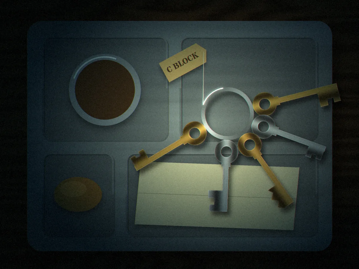 Convicted concept art: a ring of brass and steel keys with a cardboard C Block tag lying on a stainless-steel lunch tray beside a cup and a bread roll, caught in a circle of torchlight