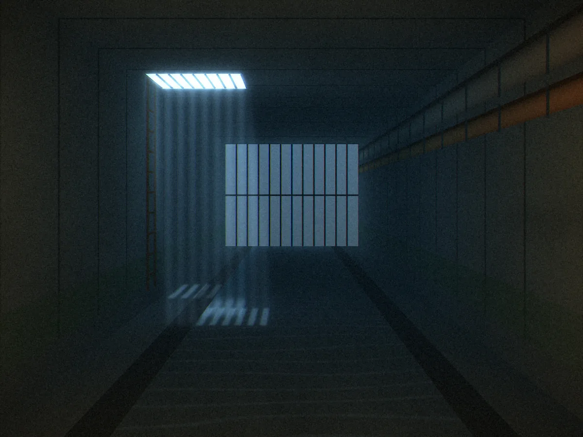 Convicted concept art: a concrete storm-water drain beneath the prison, with pipes along one wall, moonlight falling through a barred grate onto the water and a grille glowing at the far end