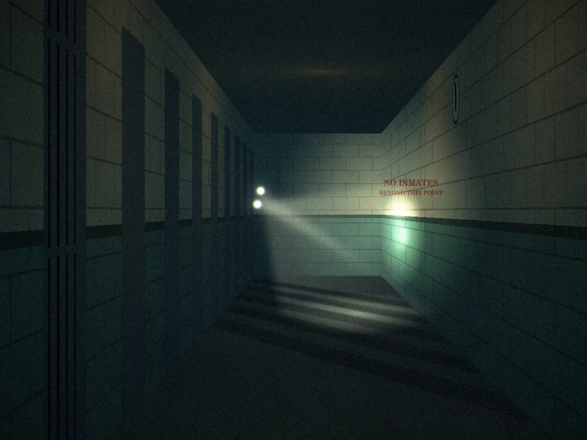 Convicted concept art: a long cell-block corridor at night as two torch beams come around the far corner, throwing long bar-shaped shadows across the floor beneath a No Inmates sign