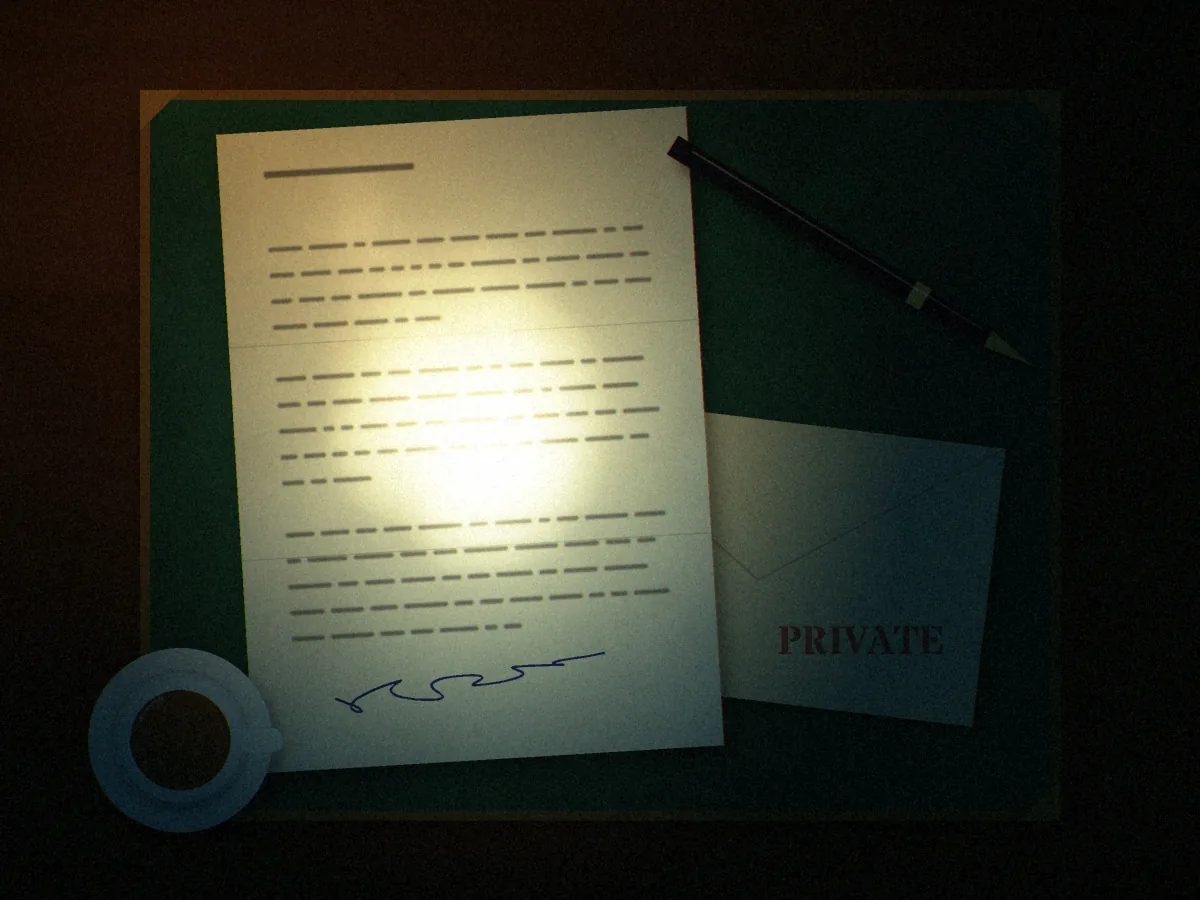 Convicted artwork: a typed letter with an inked signature lying on the Warden’s green leather desk blotter, next to an envelope stamped Private, a fountain pen and a cup of tea