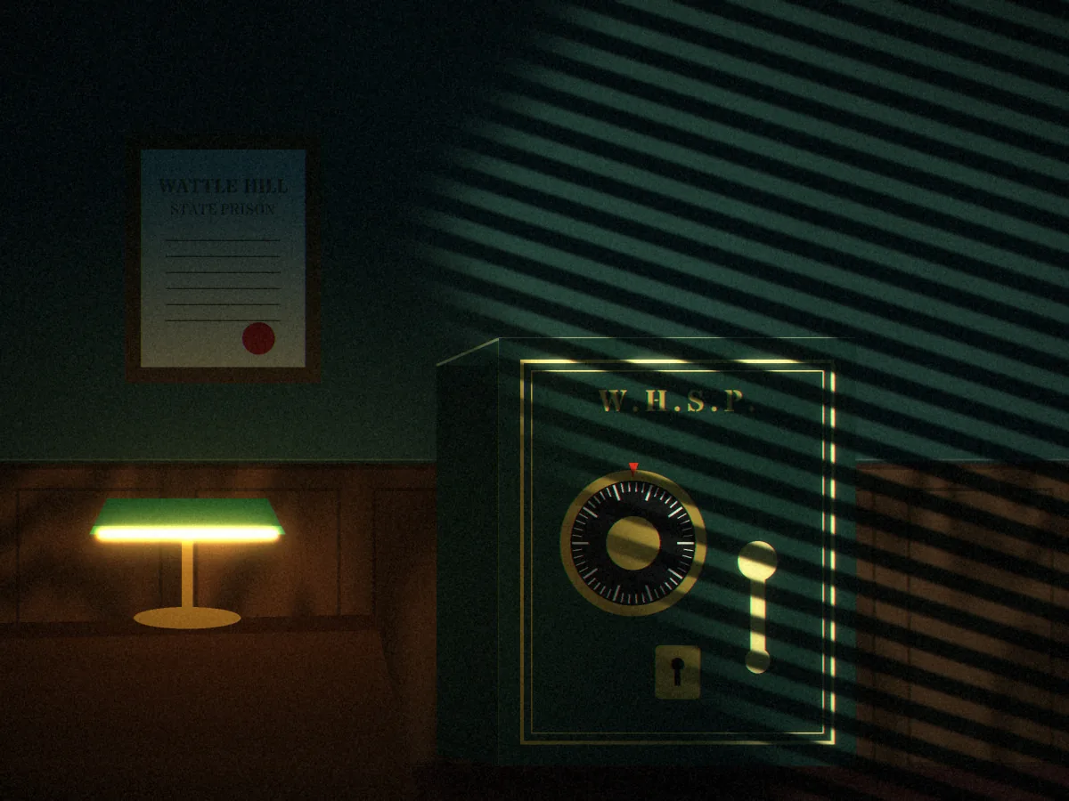 Convicted concept art: a green steel safe with a brass combination dial and handle in the Warden’s timber-panelled office, striped by light through venetian blinds, beside a framed Wattle Hill certificate and a green desk lamp